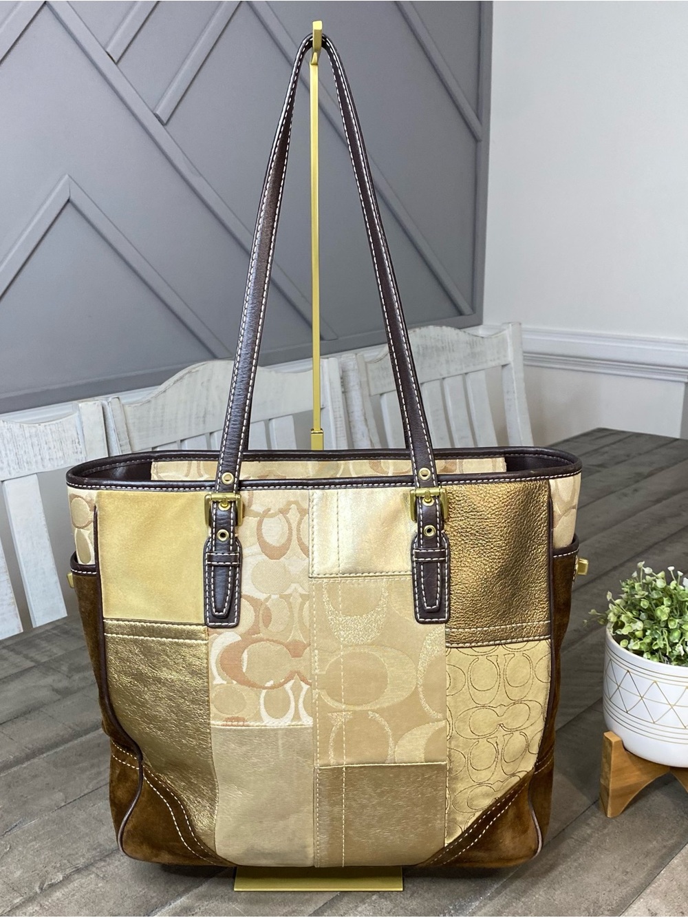 Vintage Coach Hampton Holiday Patchwork Tote Bag Brown Gold Canvas Suede Y2K - Picture 5 of 15